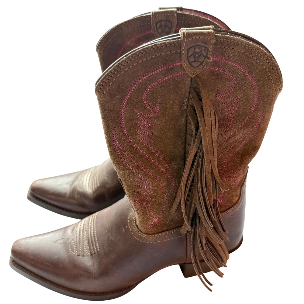 Ariat Mustang Molly Girls Size 3 Brown Leather Pink Fringe Western Cowgirl Boots